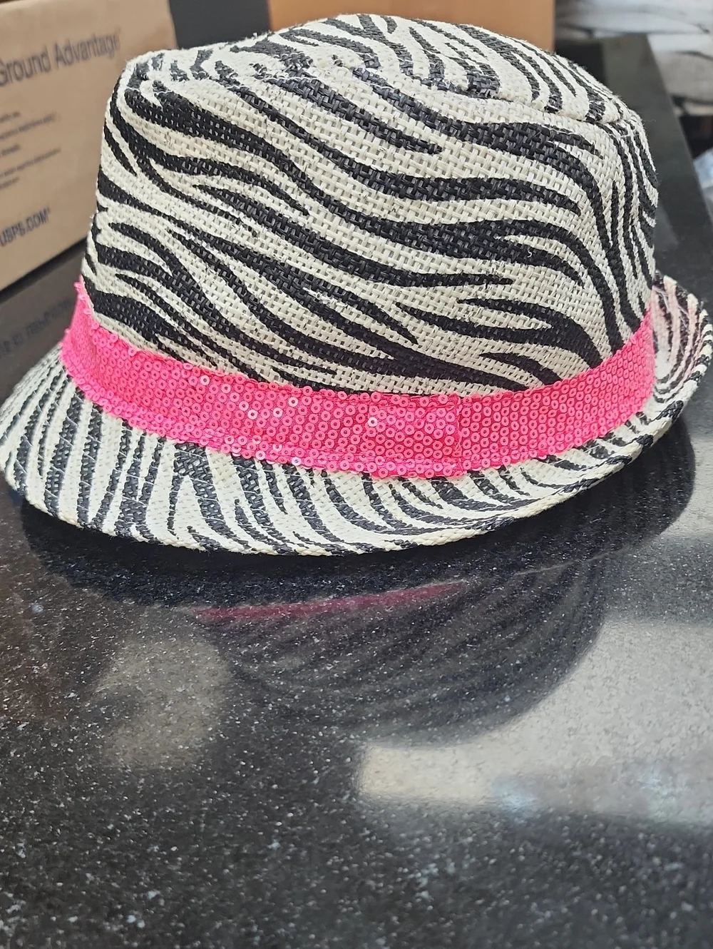 Zebra Print Straw Fedora with Pink Sequin Band